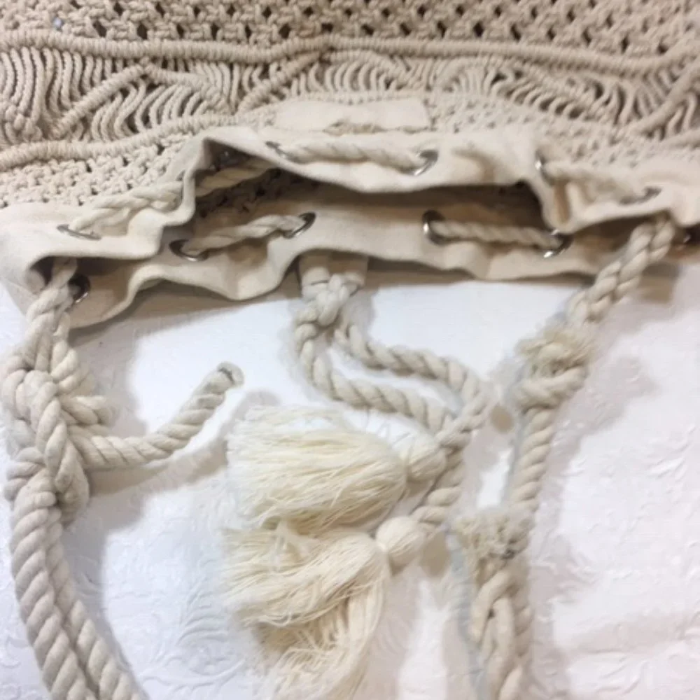 Macramé Knotting Shoulder Handbag Tote Cotton Drawstring11x5.5x11